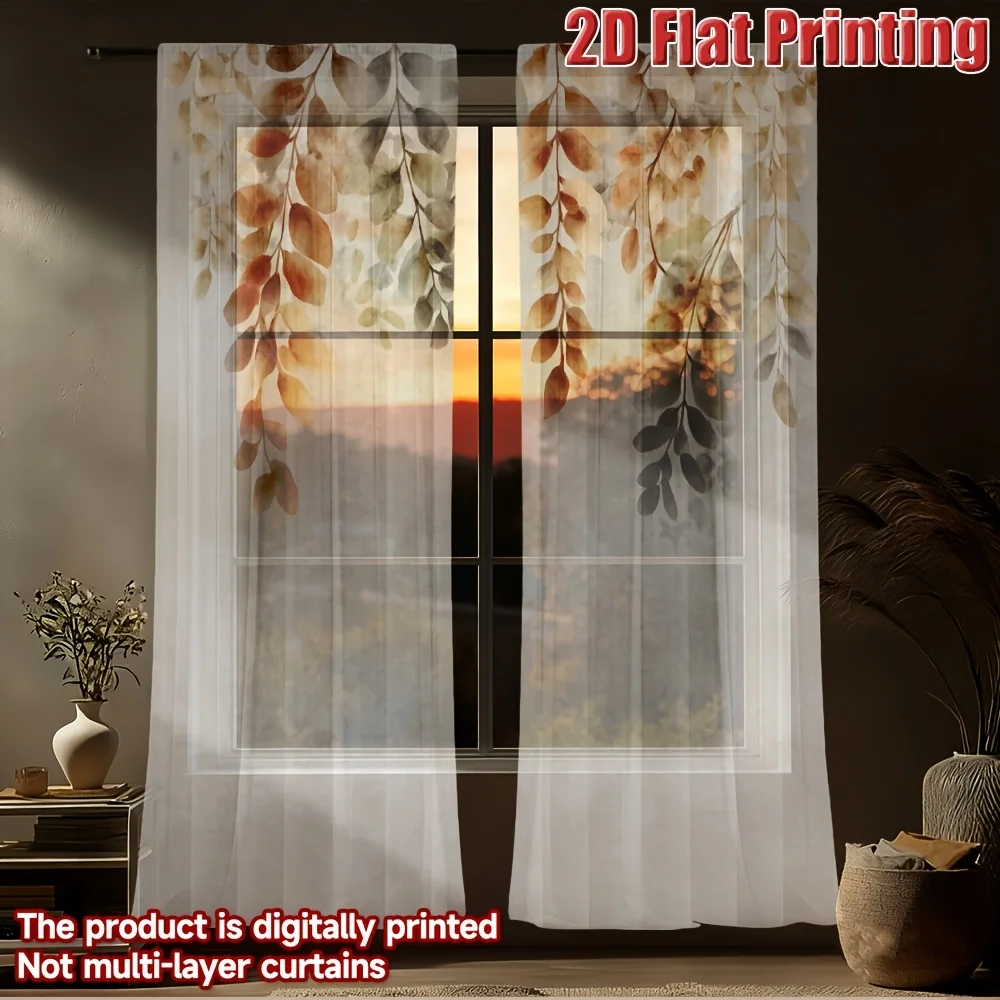 

2pcs 2D FLAT Leaves Branches Mountains Sky Nature Sheer Curtains, Washable Window Drapes, with Rod Pocket Easy to Install