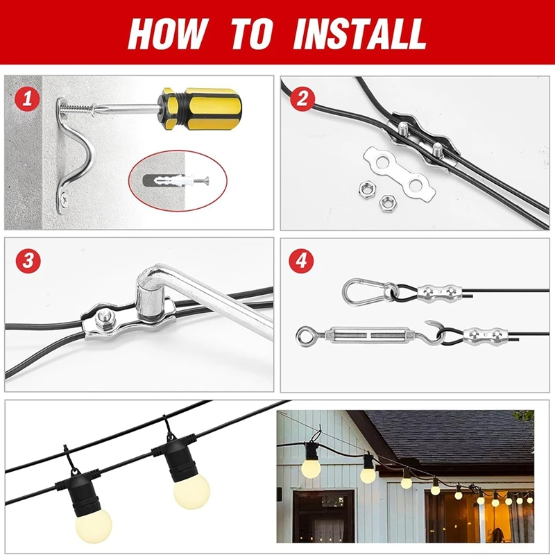 M11K-String Light Hanging Kit,Outdoor Light Wire,Ball Light String Hanging Kit,200FT Coated Stainless Steel 304 Cord Cable