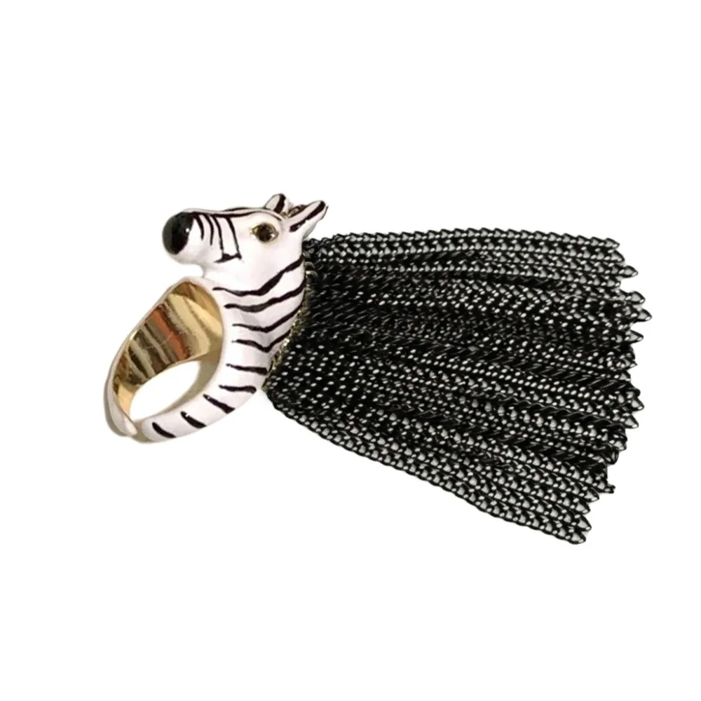 Exaggerated Design Zebra Tassel Ring Creative Design Metal Material Open Ring Open Ring High-End Feeling Finger Ring