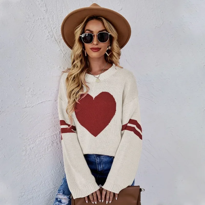 2023 Autumn/Winter Hot selling Valentine's Day Color Contrast Love Jacquard Round Neck Large Women's Knitwear SFC15-3