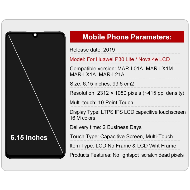 IPS Choice For Huawei P30 Lite Display Touch Screen For MAR-AL00 MAR-LX1A Digitizer For Nova 4e LCD MAR-LX2 Replacement Parts