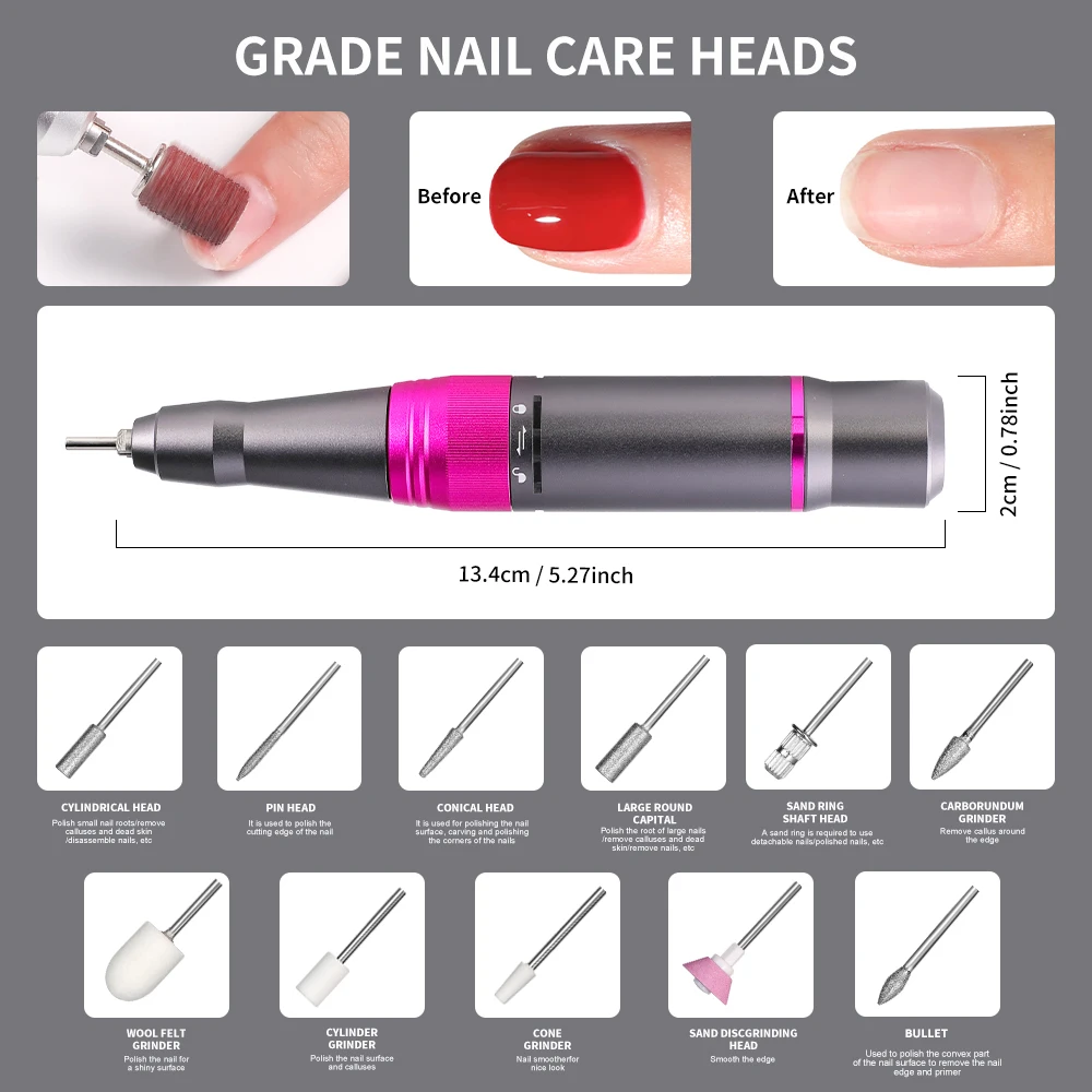 하이 퀄리티 전기 네일 드릴 머신, 전문 네일 전기 선반 샌딩기 파일, 매우 조용한 매니큐어 드릴 펜, 35000RPM