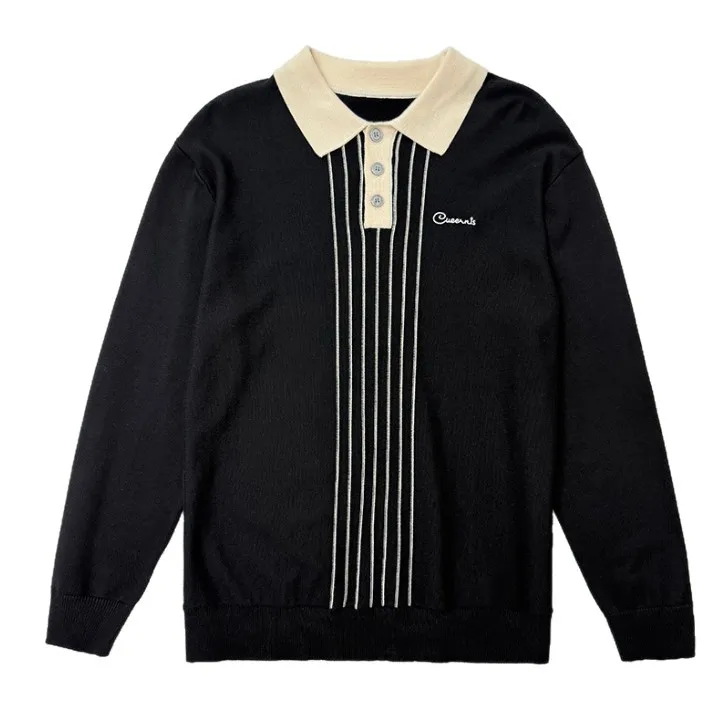 الرجال الخريف موضة شريط إلكتروني التطريز Vintage فضفاض بلوزة كاجوال محبوك قميص بولو سترة رجل البلوز تريكو القمم