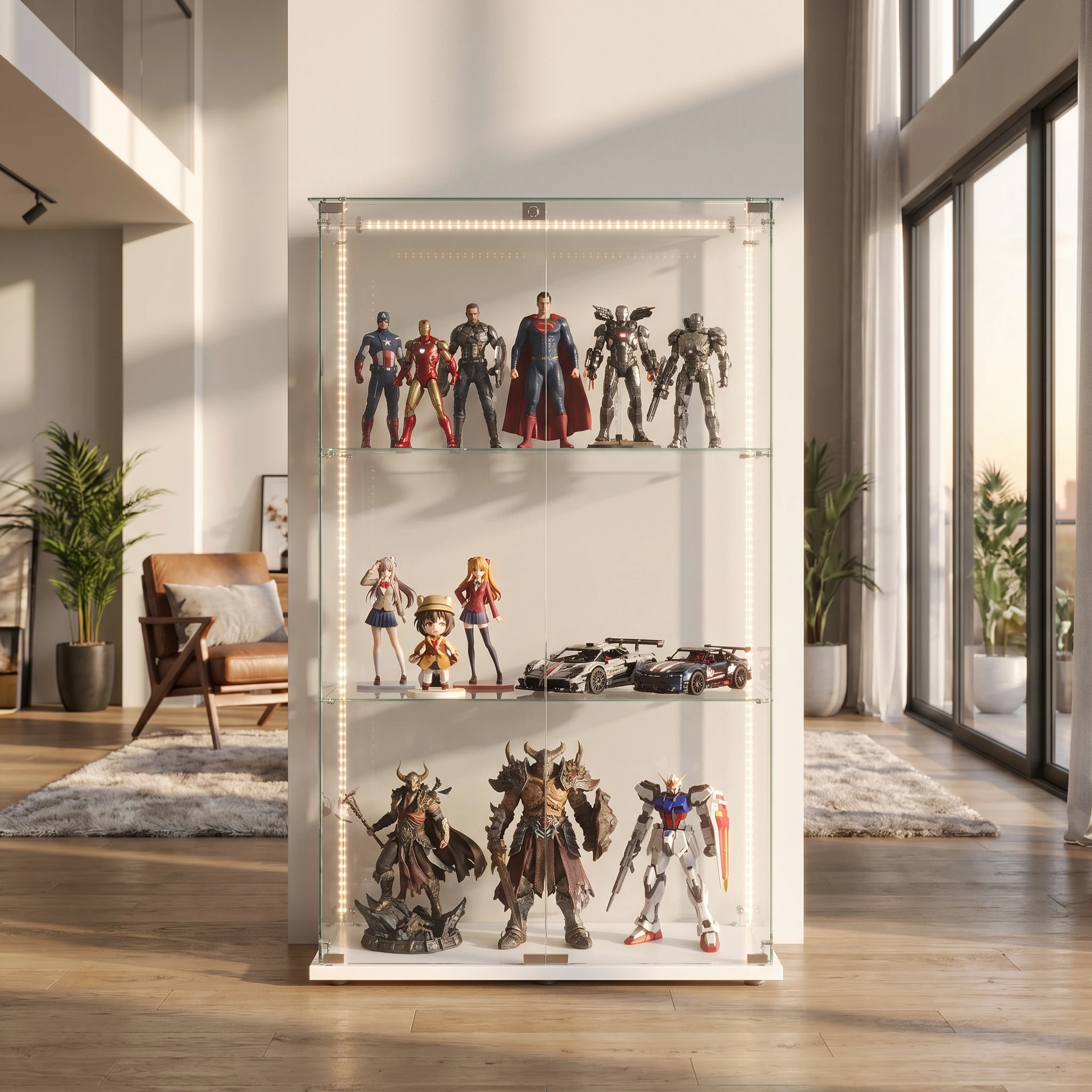 Vitrine en verre Anajqaqia, vitrine en verre transparent à 3 niveaux avec serrure, double porte, base blanche, vitrine de rangement pour figurines de collection, jouets