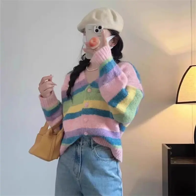 Cardigan aperto a righe slim fit lungo lavorato a maglia da donna di fascia alta Sve rotondo Ne Faionable Autunno Inverno Nuovo arrivo