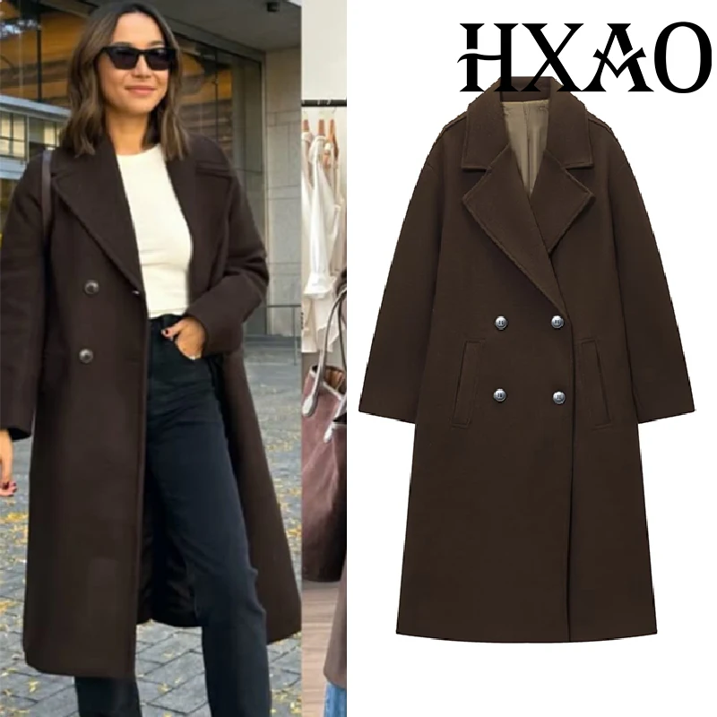 HXAO Woman Winter Coats Tweed Faux Wool Coat And Mixtures Long Coat For Women Double-Breasted Oversize Brown Coat Jacket