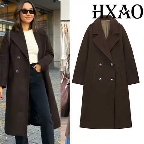 HXAO Woman Winter Coats Tweed Faux Wool Coat And Mixtures Long Coat For Women Double-Breasted Oversize Brown Coat Jacket