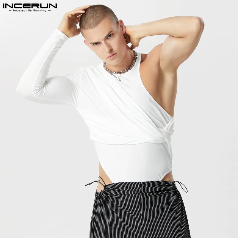 

2023 Men Bodysuits One Sleeve Sexy O-neck Streetwear Fashion Male Rompers Solid Color Casual Irregular Bodysuit S-5XL INCERUN