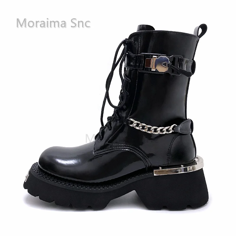 Women's British Style Motorcycle Boots Handsome Metal Decoration Round Toe Thick Bottom Lace Up Ankle Boots Female Buckle Shoes