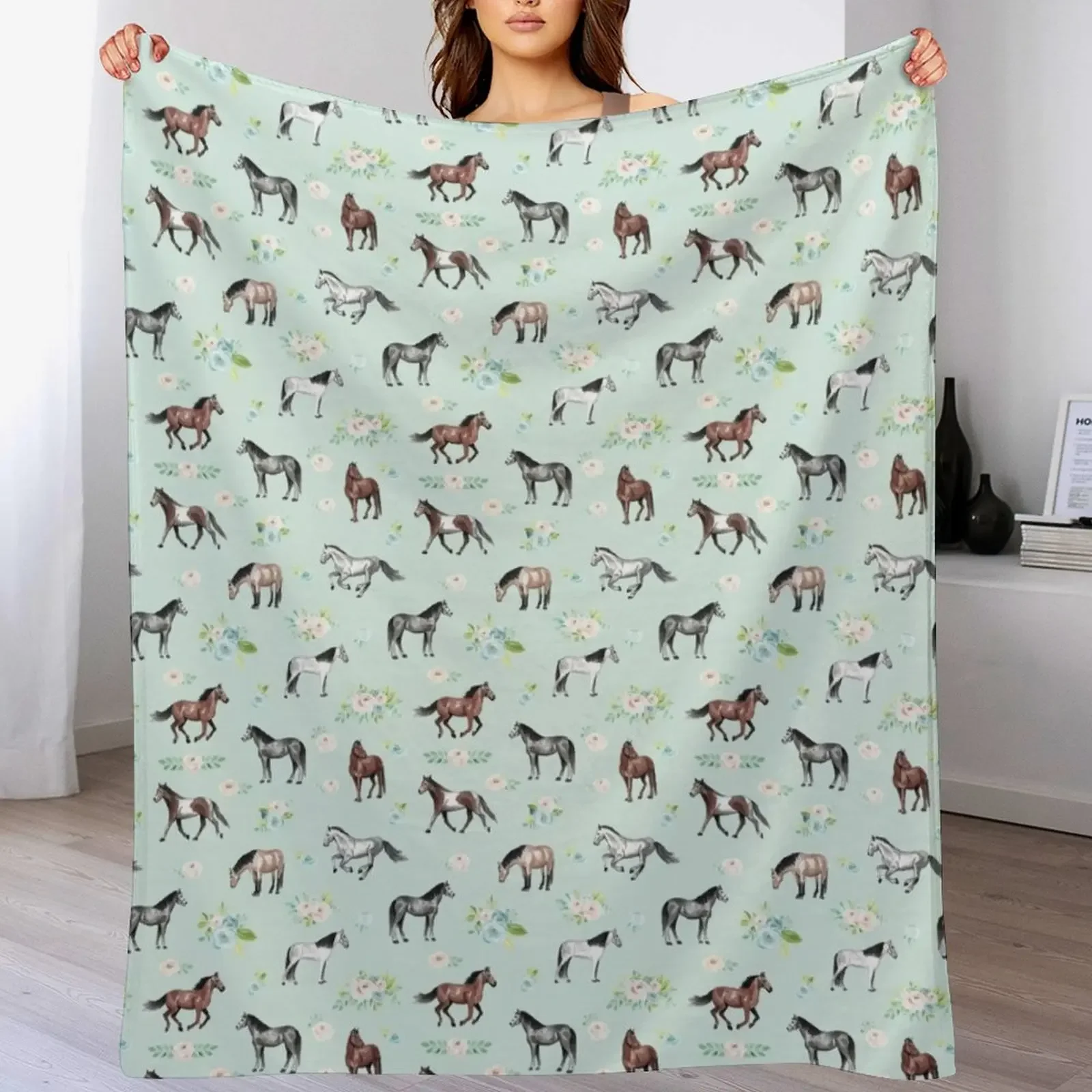 

Horses with Flowers, Romantic Blue, Pink Floral, Horse Decor, Throw Blanket Fluffy Cozy Throw Blanket for Home Decor