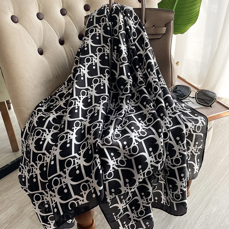 1 Pcs 180x90cm Korean Spring and Autumn New Fashion letter imitation silk scarf, dual-purpose air conditioner shawl, beach towel - Image 3