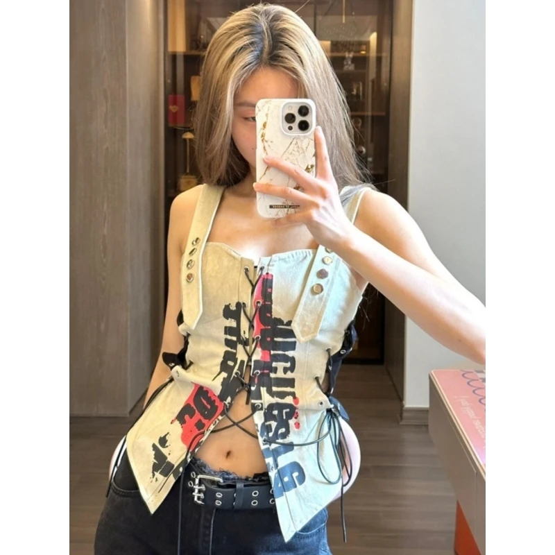 

Women's Clothing Suspender Cowboy Vest White Drawstring Shoulder Straps Letter Top Sleeveless Minimalist Versatile Sling Tops