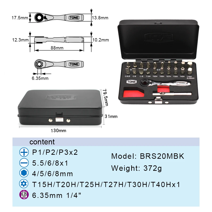 TONE 22 PCS Bit Ratchet Set 1/4'' (6.35 mm) Bit Insertion with Iron Box Multifunctional Screwdriver Set BRS20MBK