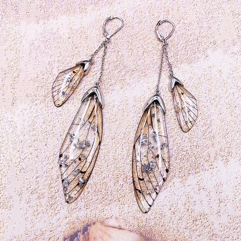 Handmade Fairy Simulation Double Wing Earrings Insect Butterfly Wing Drop Earrings Foil Crystal Earrings Sweet Wedding Jewelry