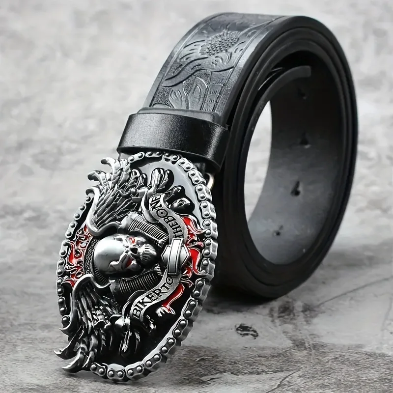 1pcs PU Leather Biker Style Skull Flame Buckle Belt Unisex Retro Embossed Decorative Belt
