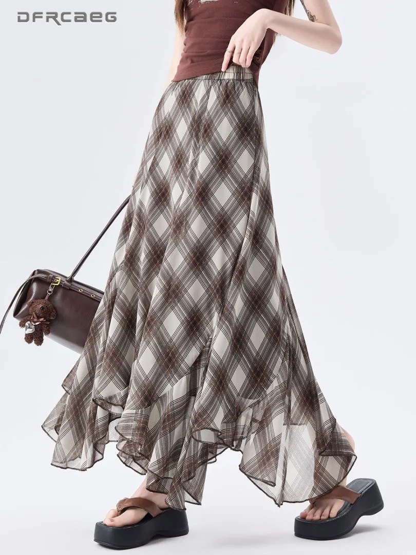 New Arrival Asymmetrical Plaid Chiffon Long Skirt For Women Summer Casual Loose Big Swing Beach Midi Skirts Lady