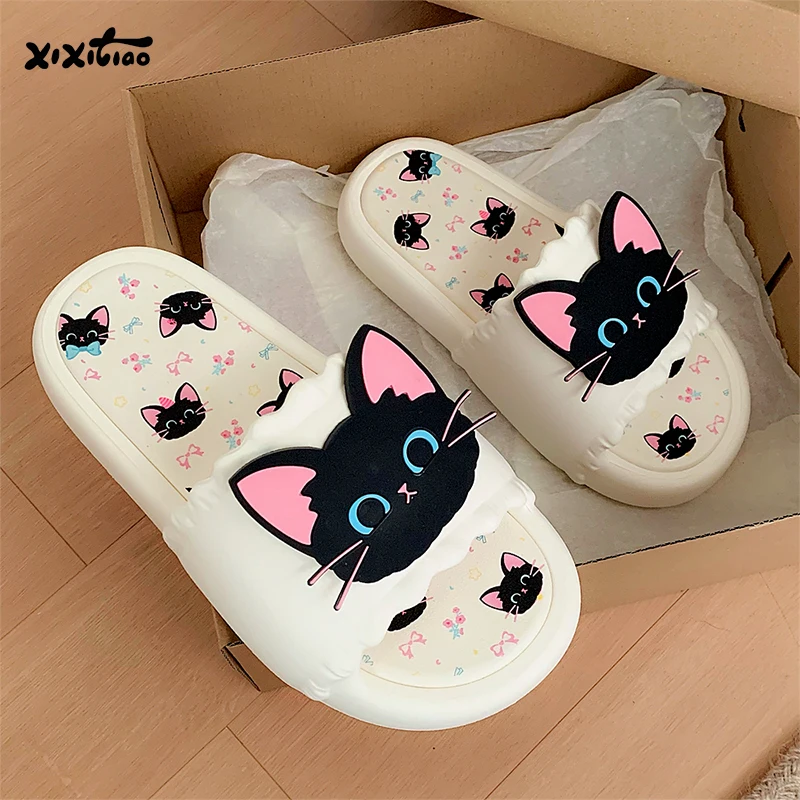 XIXITIAO Bathroom Slippers For Women Fashion Cartoon Cute Cat Color Blocking Soft Non-slip Platform Home Shoes Indoor Outdoor