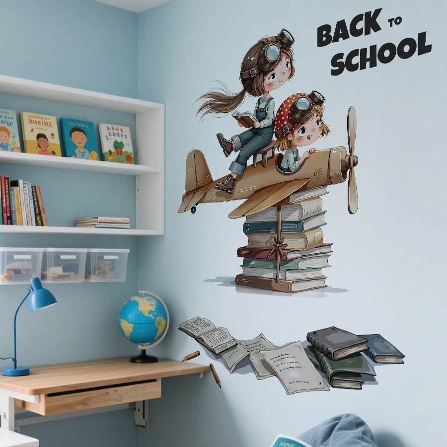 Cartoon-Buch, Flugzeug-Wandaufkleber, abnehmbare PVC-Wanddekoration, geeignet für Schlafzimmer, Klassenzimmer, Kinderbetten, Heimaufkleber