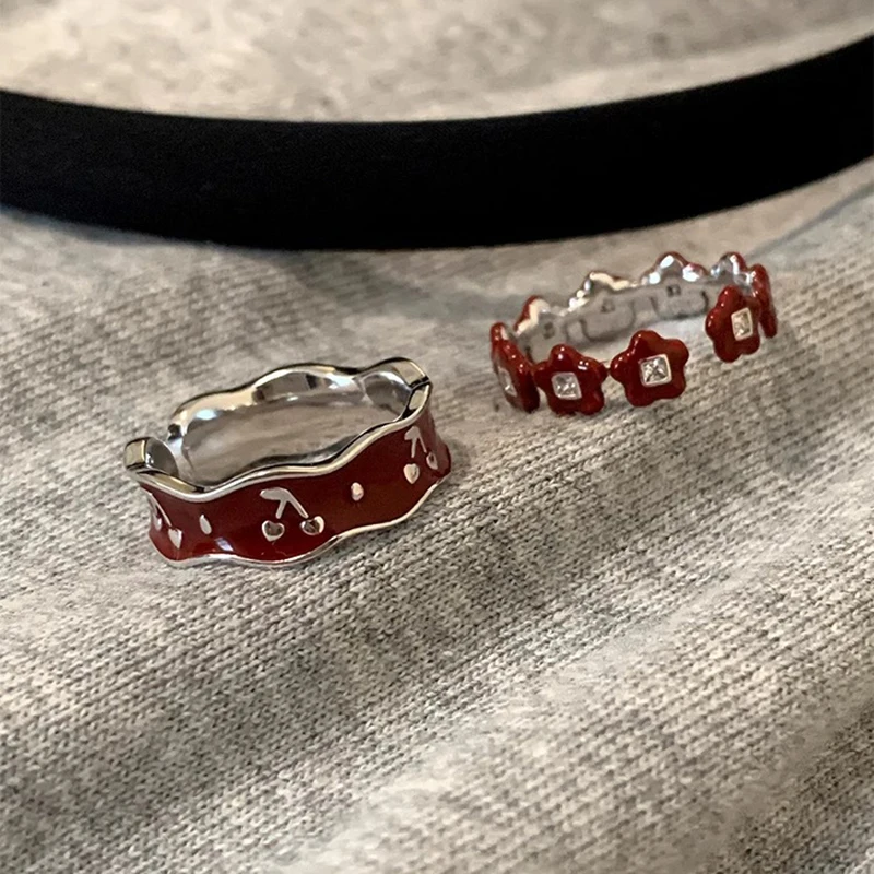 Anello da dito aperto in argento sterling 925 color oro fiore rosso ciliegia punk impilabile per regalo di gioielli da donna Dropship all'ingrosso