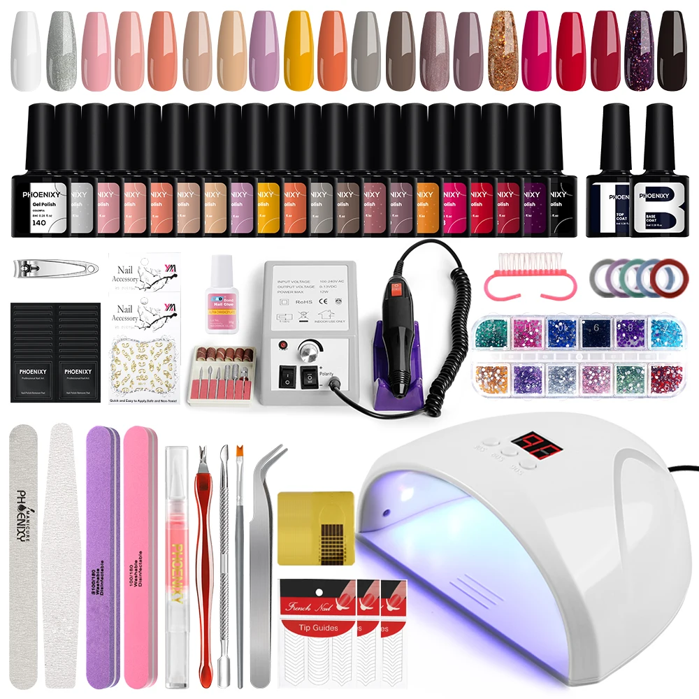 Complete Nail Art Tools Set 20/18/10 Colors Gel Nail Polish with 36W Nail Lamp Nail Drill Machine Semi Permanent UV Varnish Kit