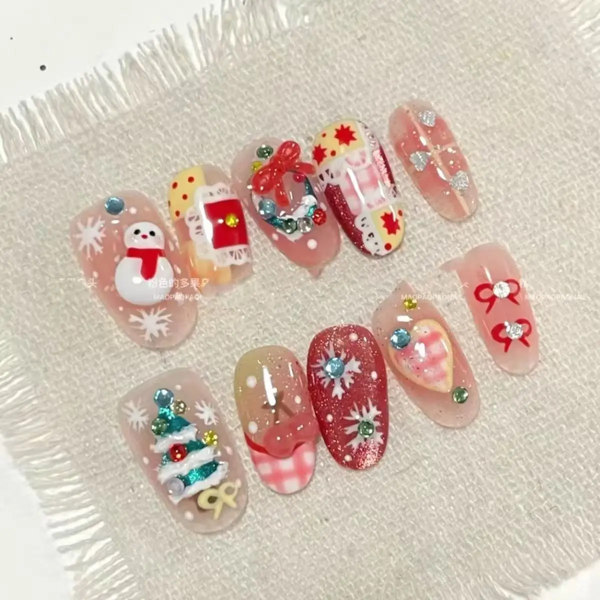 Christmas Manicure Christmas Snowman New High-end Cute White Bow Short Nails Fake  Nails Set Press On