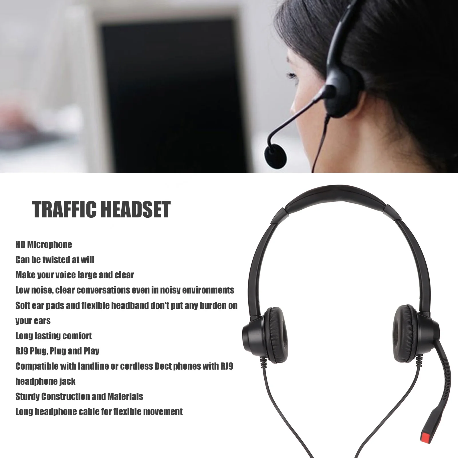 RJ9 Telephone Headset Noise Cancelling Binaural Corded Cell Phone Headphone with Mic for VOIP Phone Landline Telephone Headphone
