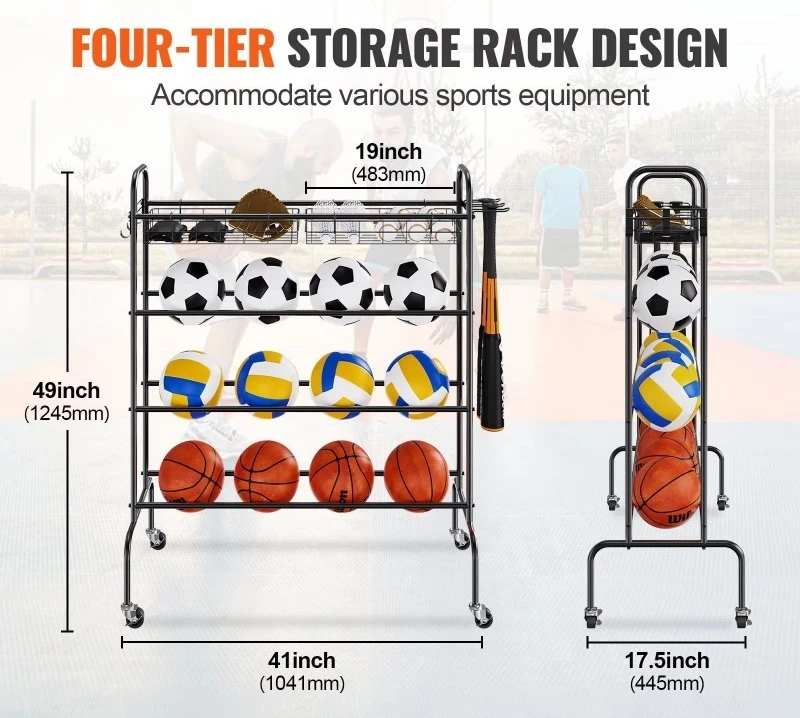 4-layer rolling basketball hoop, sports equipment storage, garage, ball hoop, football utility rack, hook basket