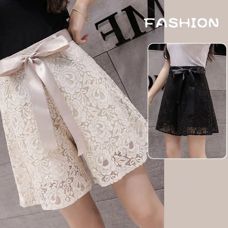 Summer Lace Shorts 2026 New Women Lace Ribbon Bow Wide Leg A-line Shorts Korean Style Sweet Casual Shorts Female Flower Culottes