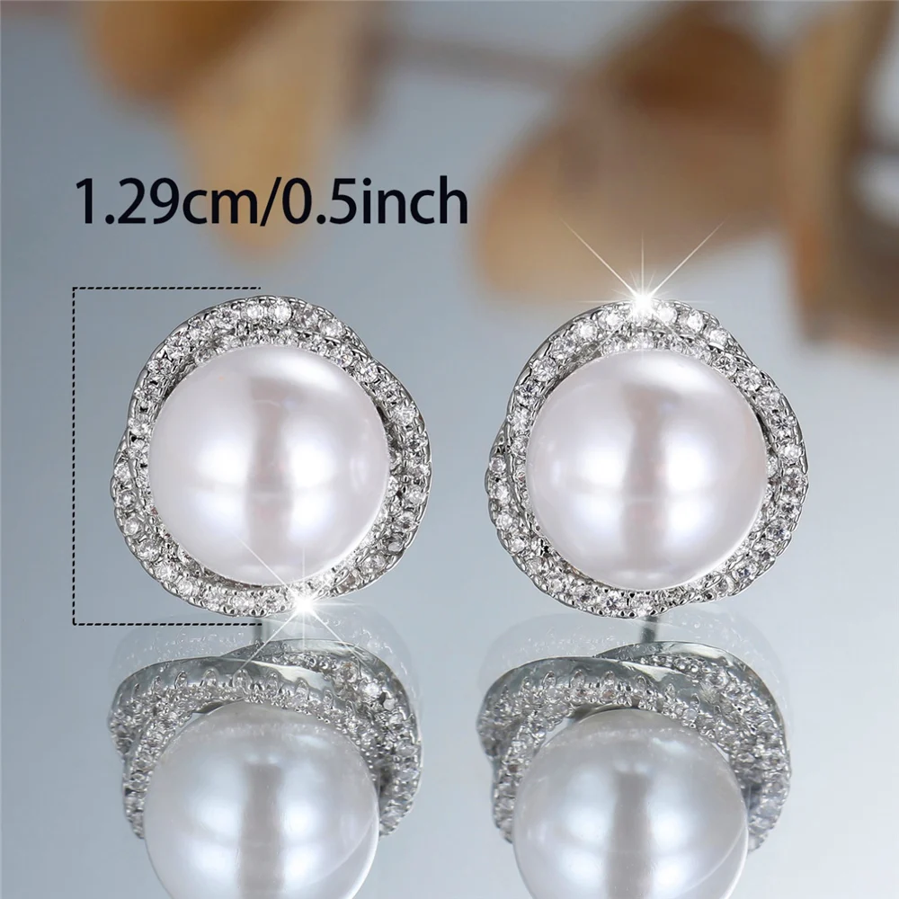 Cute Female Crystal White Pearl Round Stone Stud Earrings Silver Color Wedding Jewelry For Women