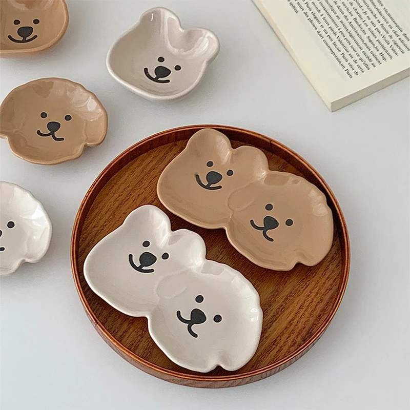 Adorable Ceramic Sauce Dish With Cute Dog & Bear Design - Single/Double Compartment Dip Bowl For Condiments, Snacks, Sushi, Soy