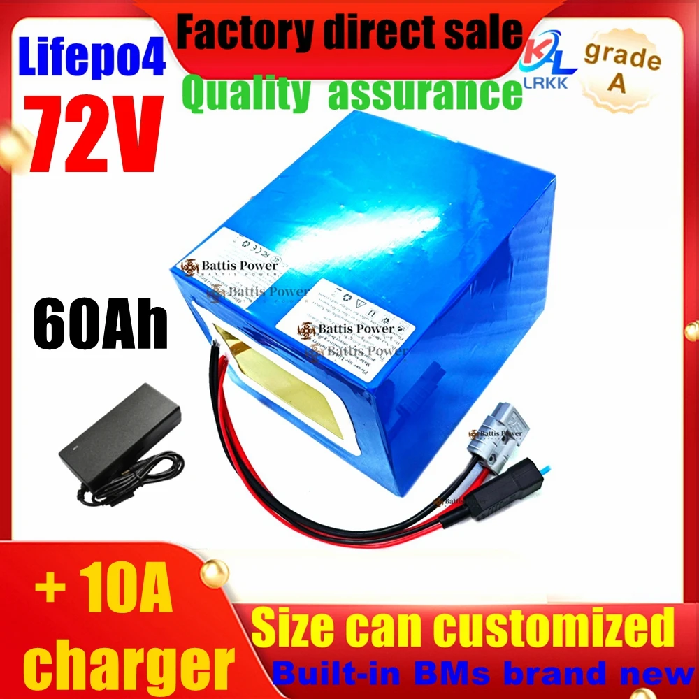 LRKK  lithium 72V 60Ah lifepo4 battery pack BMS 24S 76.8V deep cycle 170*265*340mm for 5000W 3500W bike scooter Motorcycle