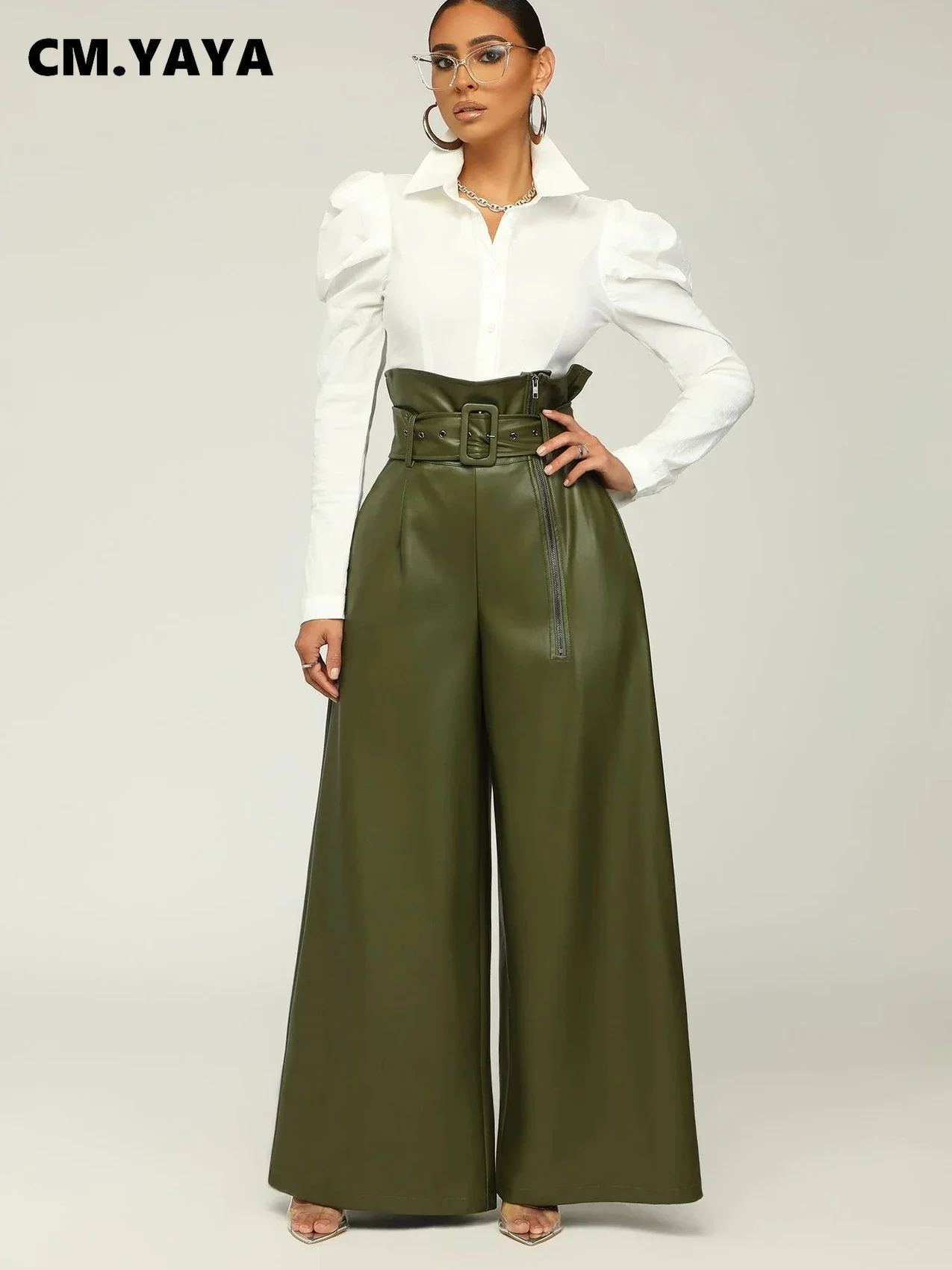 Women Fashion Faux Leather High Waist with Sashes Zipper Side Wide Leg Loose Pants 2024 Autumn Winter Street PU Trousers