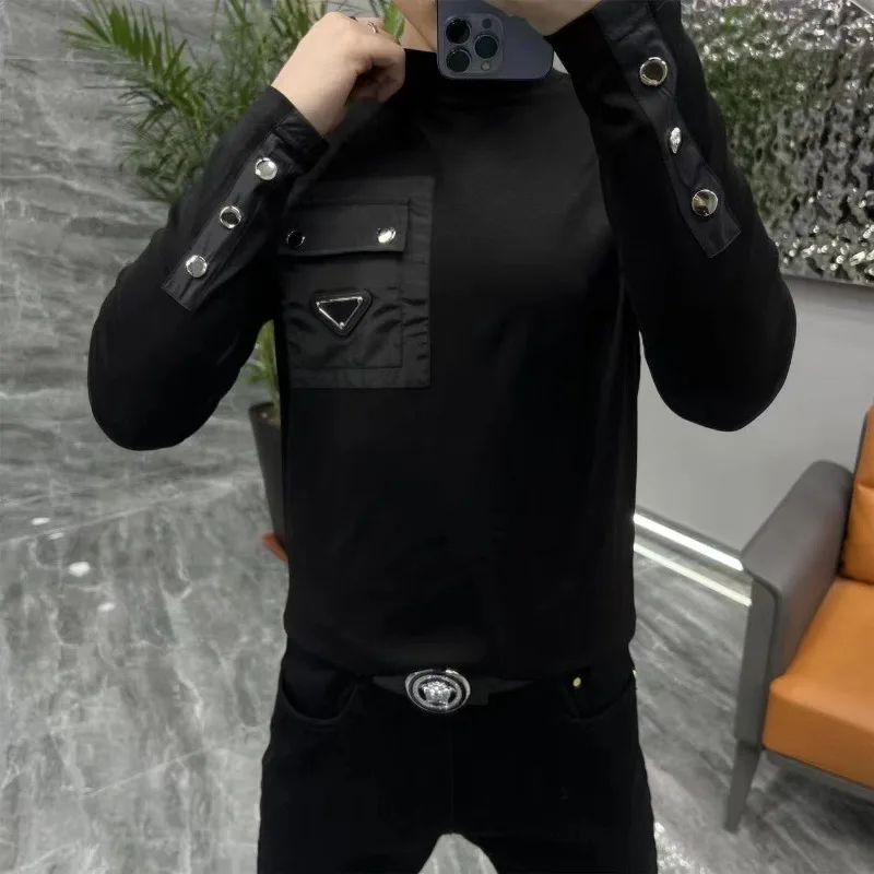 

Модная мужская осенняя футболка с круглым вырезом и длинными рукавами 2025, универсальная модная черная персонализированная базовая рубашка