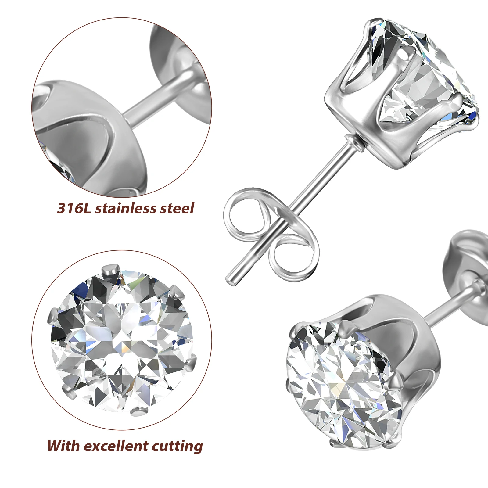 

12Pairs Silver Cubic Zirconia Earrings Small Studs Classic Lightweight Stainless Steel Earrings for Women Gifts