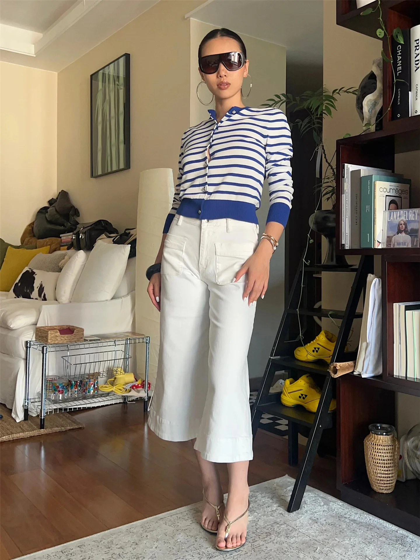 American Retro High Waist Loose Women's Jeans White Bell Bottoms Summer Casual Cotton High Waist Loose Fit Bell Cuffed Trousers