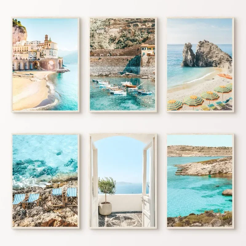 Impresiones en lienzo de fotografía de Costa Mediterránea de playa italiana moderna, arte de pared para decoración del hogar y sala de estar