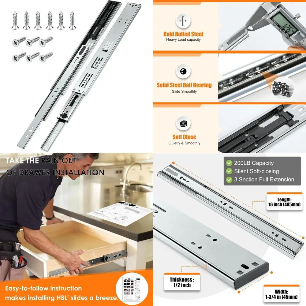 

16-дюймовые усиленные направляющие для выдвижных ящиков с шарикоподшипниками, полный выдвижной ход, нагрузка до 200 фунтов, холоднокатаная сталь, устойчивая к ржавчине, для длительной службы