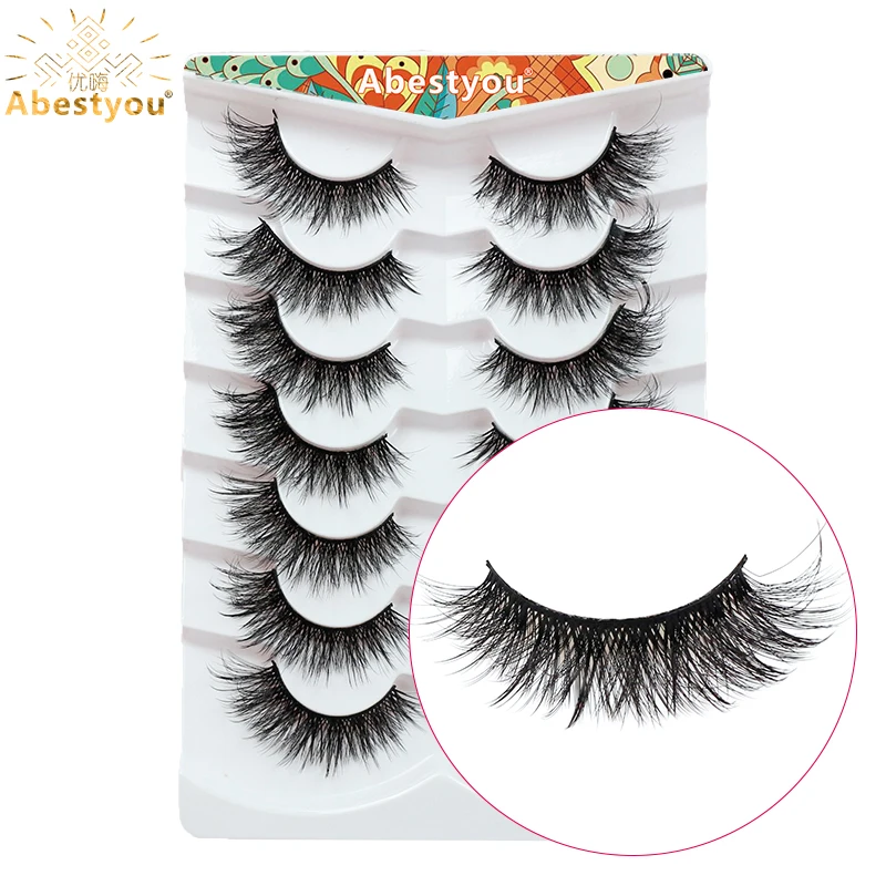 Abestyou 7pairs 3d Thin Strips Silk Matte Black Cluster Premade Fan Lashes Soft Natural Long 14-18mm Wispy Fluffy Makeup Tools