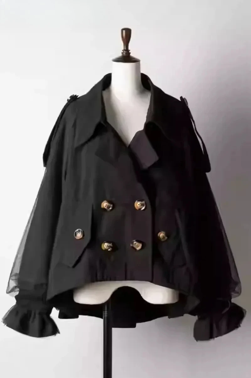 

Куртка Japan Moda, офисная женская верхняя одежда, темпераментный отложной воротник, элегантное пальто с сетчатыми рукавами, стиль сафари, High Street