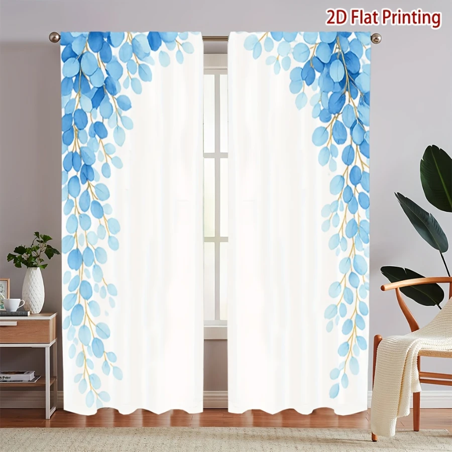Digital Printed Curtains, Blue Leaf Weeping Branches Pattern, Stylish Window Treatment for Living Room Bedroom Decor