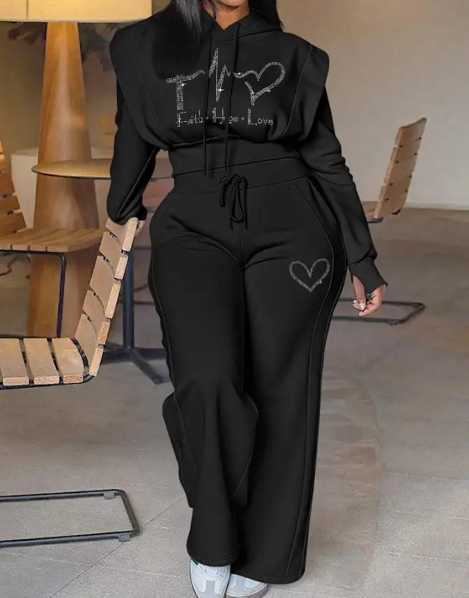 

Casual Ladies 2-Piece Set Elegant Fashionable Rhinestone Decal Slim Fit Hooded Top with Tie Up High Waist Straight Leg Pants Set