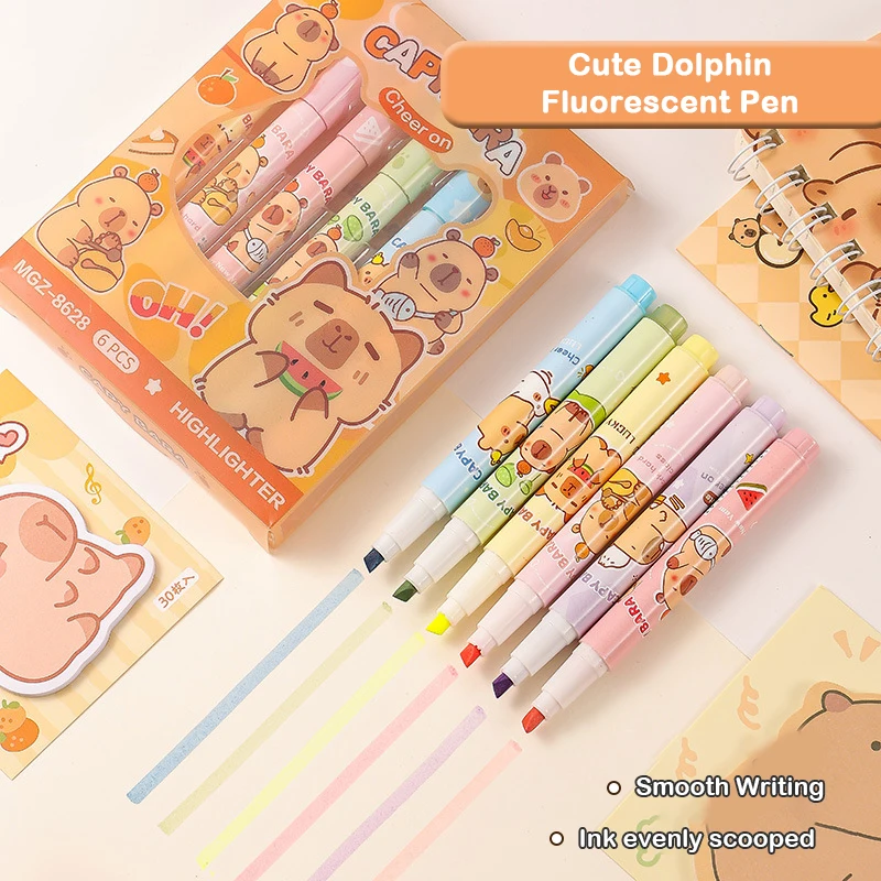 6 Stuks Cartoon Mode Capybara Markeerstift Set Markeerpen Leuke Hand Account Pen Student Briefpapier Kantoorbenodigdheden Geschenken