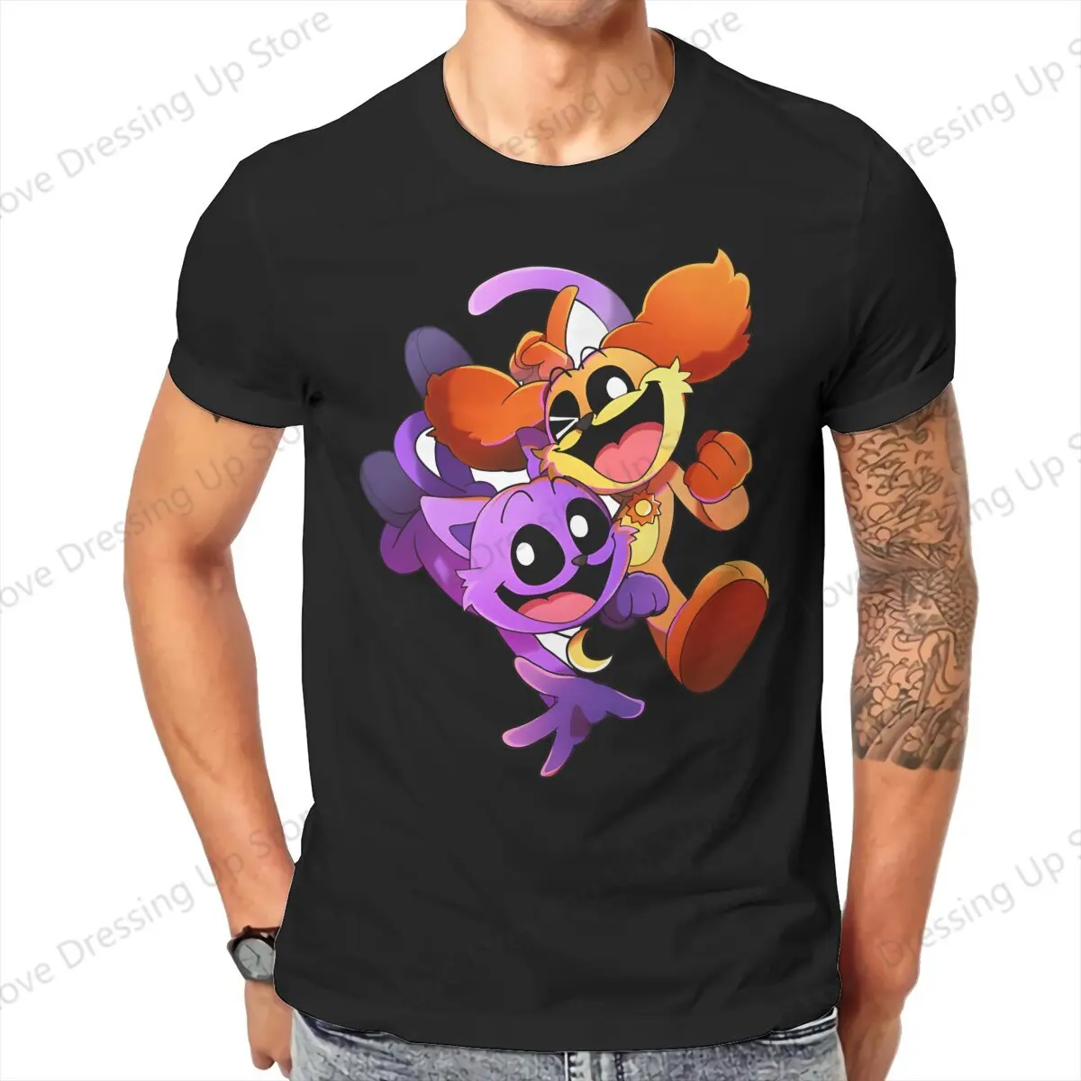 Camiseta de algodón con estampado de Critters para hombre, Camisa de algodón con cuello redondo, estampado de el juego de terror, Catnap y el día del perro sonriente, ropa de verano