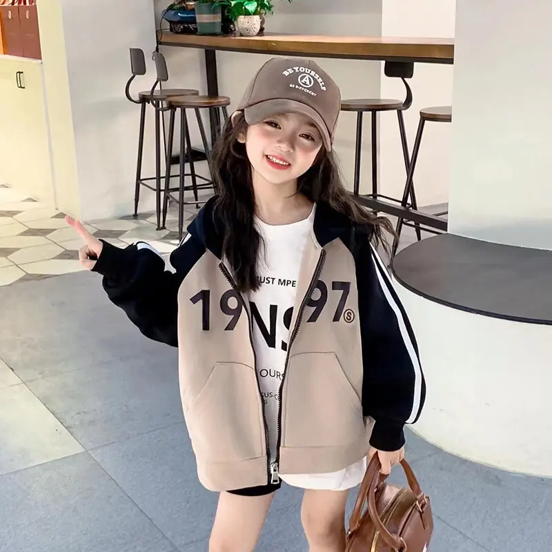 Spring Autumn Girls Cotton Contrast Striped Zip Sweatshirt Jacket Child Work Jumper Coat TopsSchool Kids Track Hoodie  3-16Years