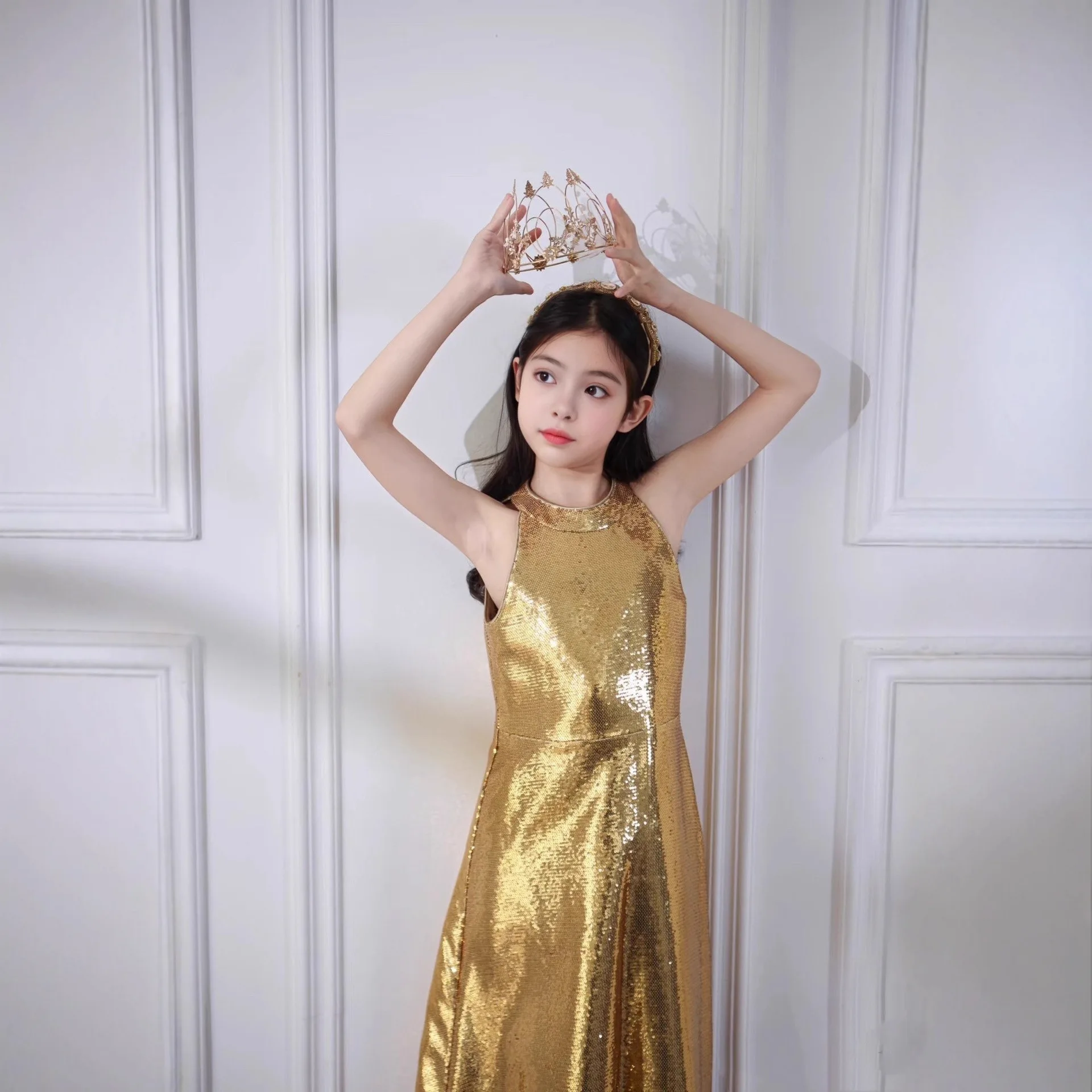 Flower Girl Wedding Dresses Gold Princess Dress New Long Sequin Gowns Round Neck Graduation Prom Evening Gown Host Customized