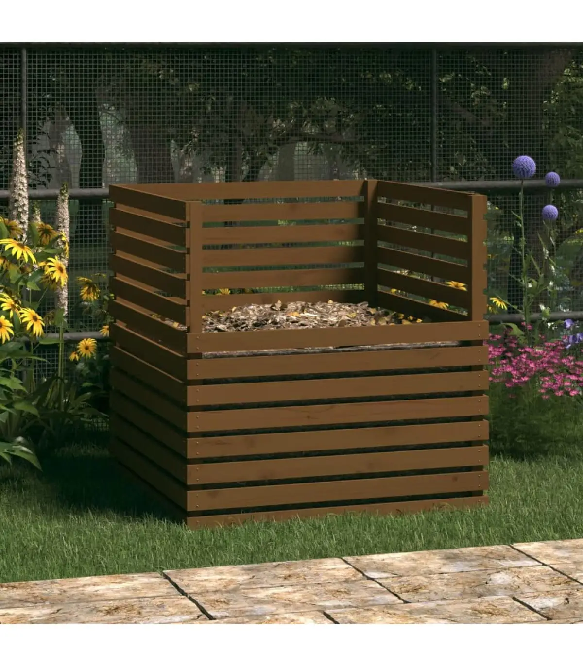 Solid wood composter pine brown honey 100x100x102 cm