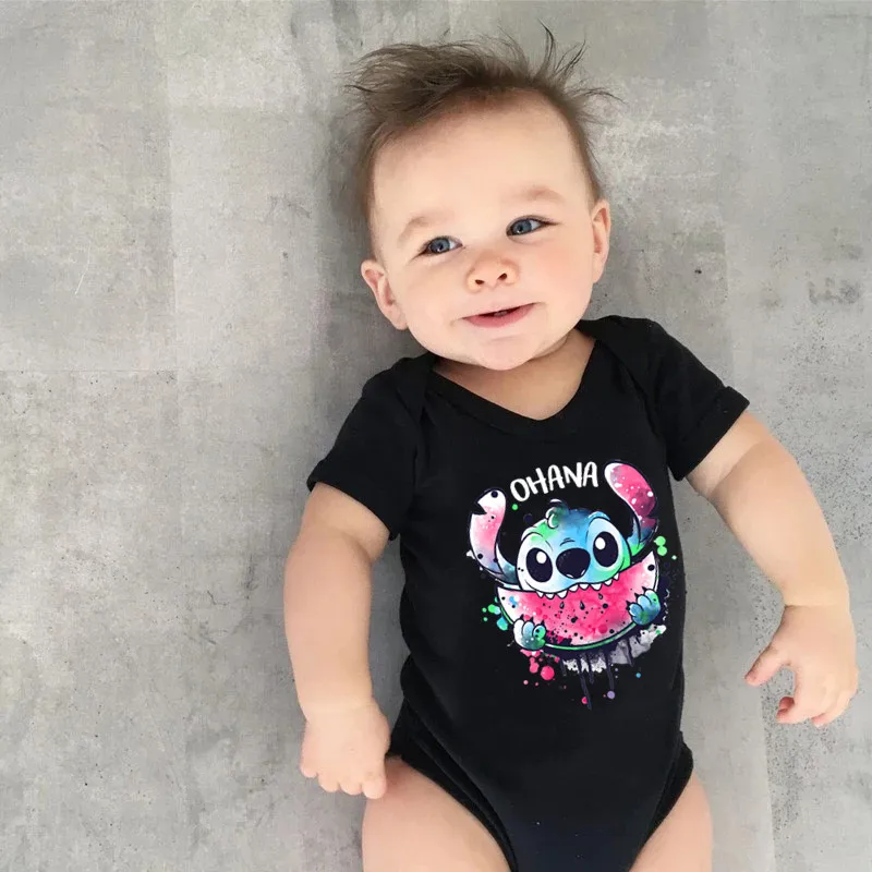 Kawaii Ohana Stitch Print Baby Clothes 100% Cotton Short Sleeve Romper Boy Girl Bodysuit Summer Newborn Jumpsuit 0-24M