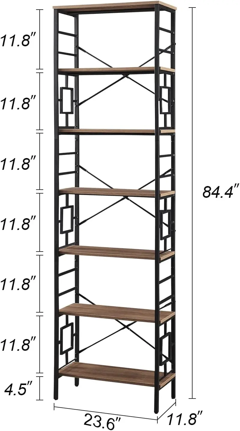 Tall Bookshelf, 84 Inch Industrial Bookshelf with Metal Frame and Open Shelves, 7 Tier Metal Bookshelves and Bookcases,