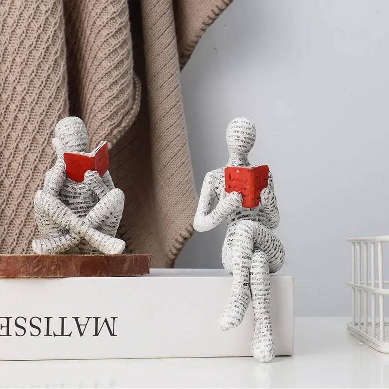 Nordic Resin Reading Woman Statue Modern Abstract Thinker Sculpture Desk Home Office Bookshelf Decor Book Lover Gift Ornament