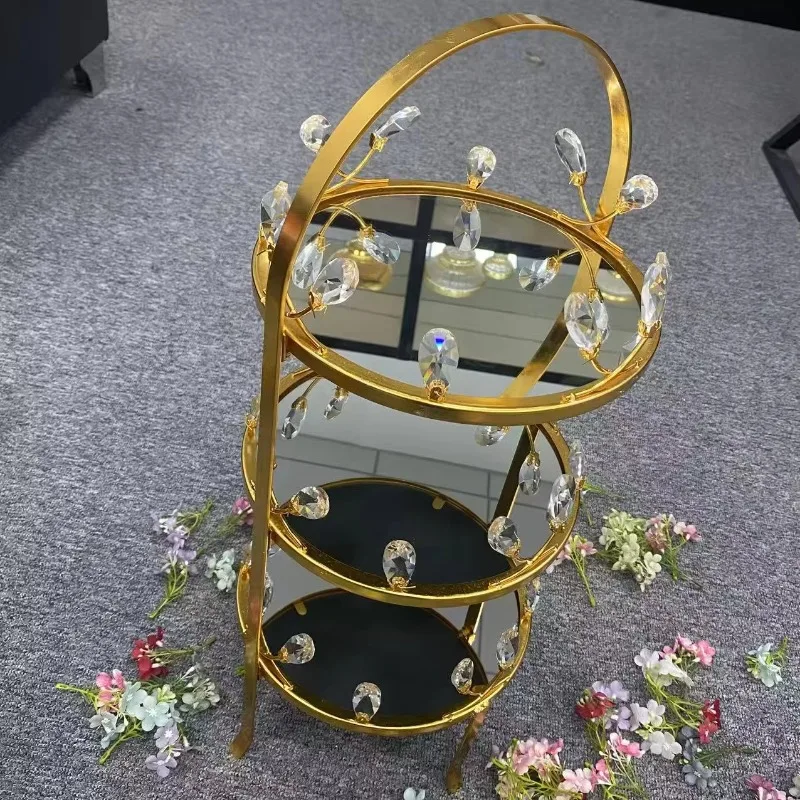 Gold three-layer crystal wrought iron storage rack, suitable for home use and wedding decoration